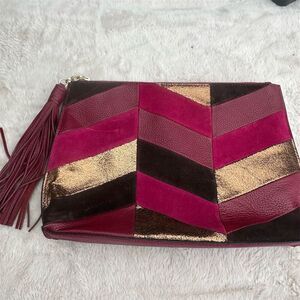 Sam Edelman Fuchsia Multi Chevron Clutch Handbag with Fringe Tassel